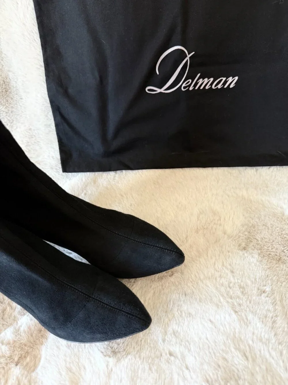 Delman Black Suede Knee-High Boots with Pointed Toe